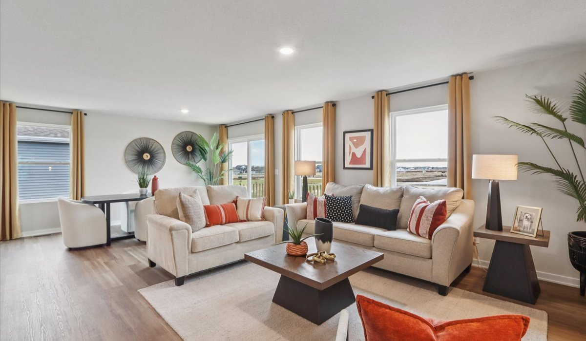 Open concept living room with electric fireplace