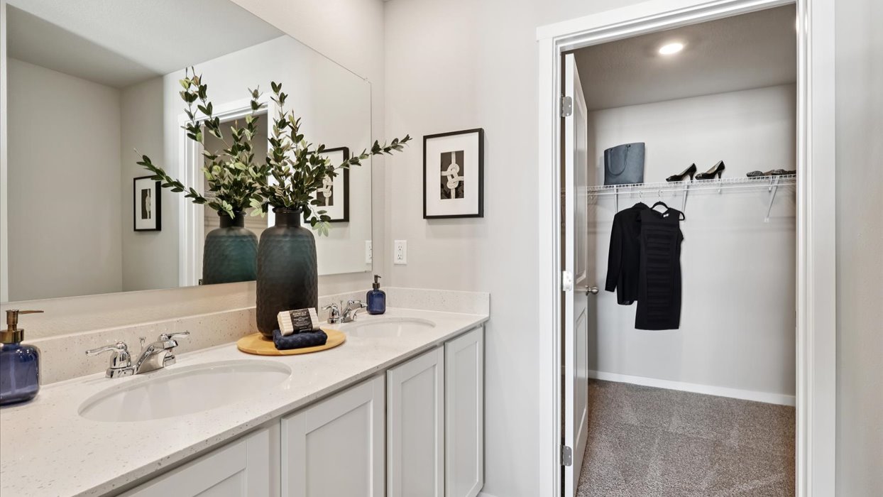 Spacious primary bathroom featuring dual vanities, modern fixtures, and a walk-in shower.
