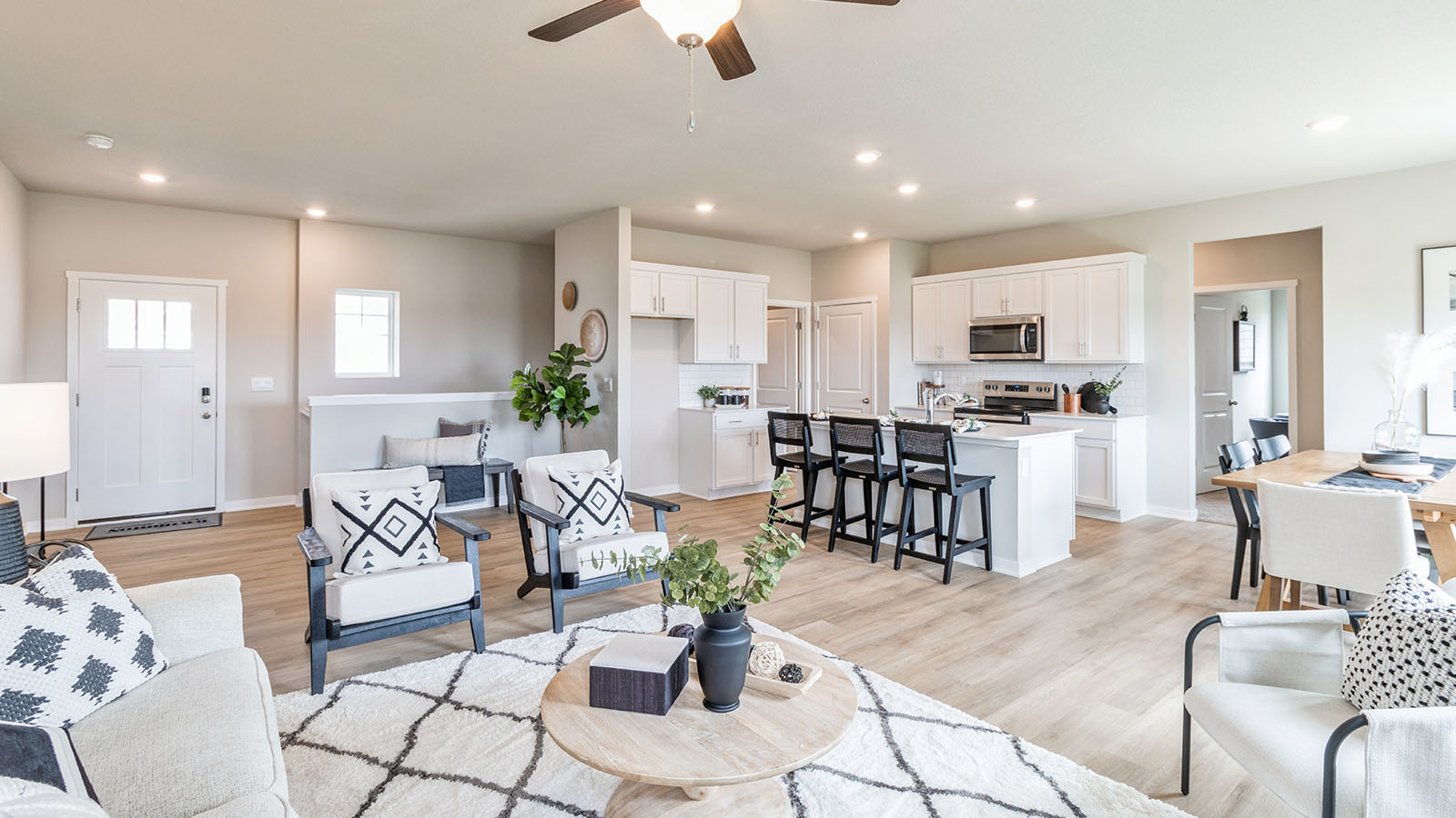living room overlooking modern kitchen