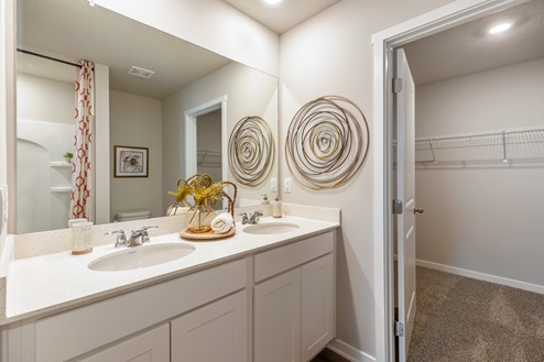Primary bathroom with white cabinets showing walk-in closet