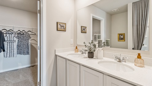 primary bedroom with white cabinetry and dual sinks with view of walk-in closet
