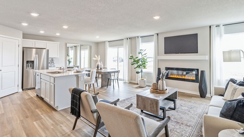open concept hamilton living room overlooking kitchen and dining area