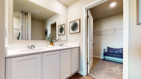 primary bathroom with two sinks and walk-in closet