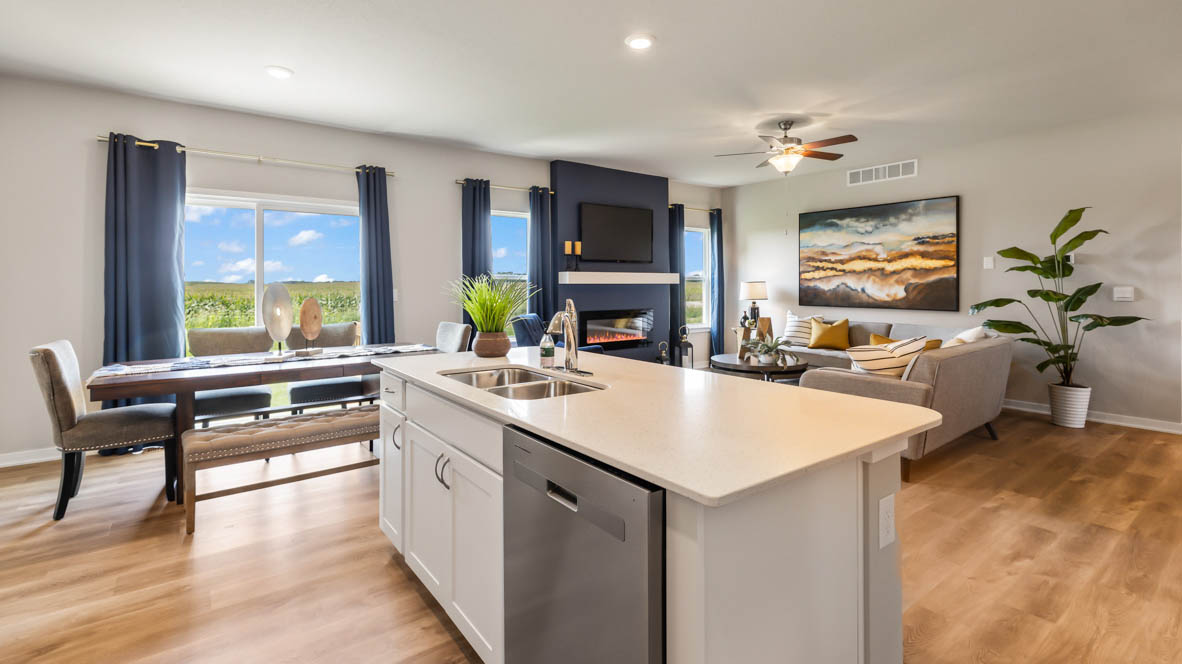 Kitchen island overlooking living and dining room