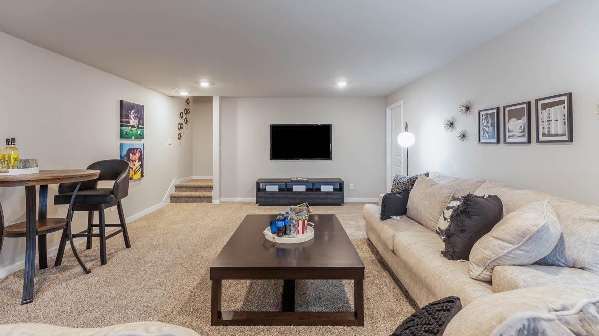 Finished basement with couch and coffee table