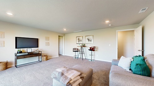 Finished basement with grey couch and television stand