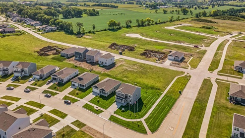 Aerial view of Fox Ridge model homes and open street
