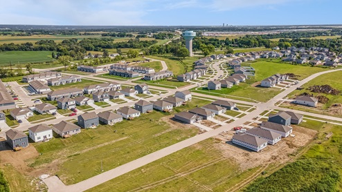 Aerial view of the Fox Ridge community with water tower in the back