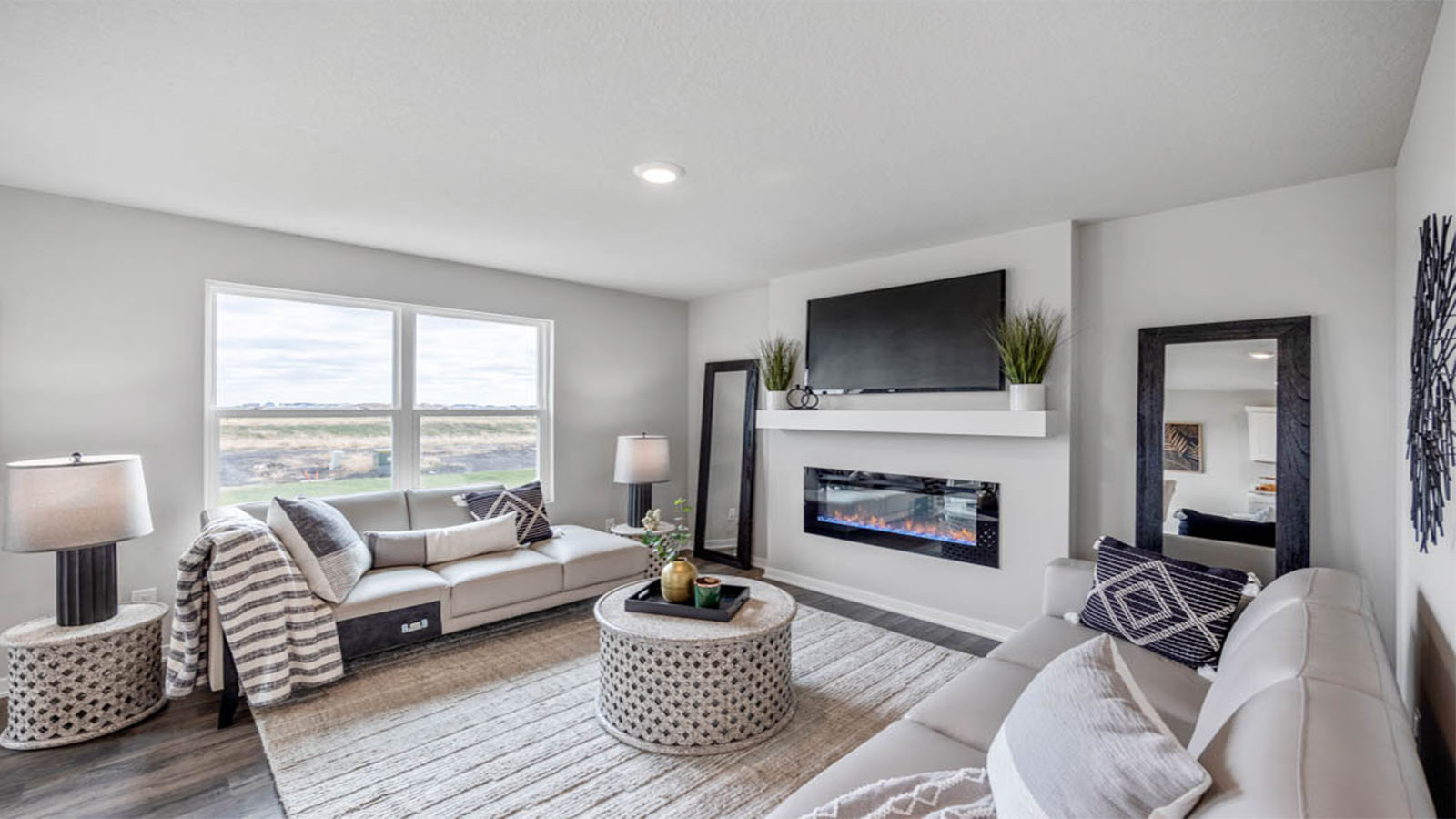 Modern living room with electric fireplace