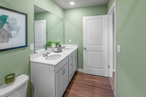 Primary bathroom with white cabinet