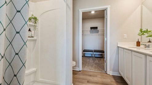 Primary bathroom with view of shower and sinks and closet