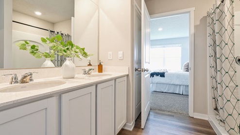 Primary bathroom with dual sinks and white cabinetry