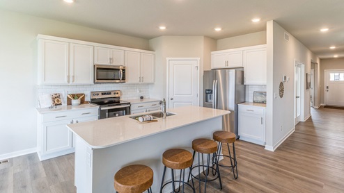 modern kitchen with white cabinetry and walk-in pantry
