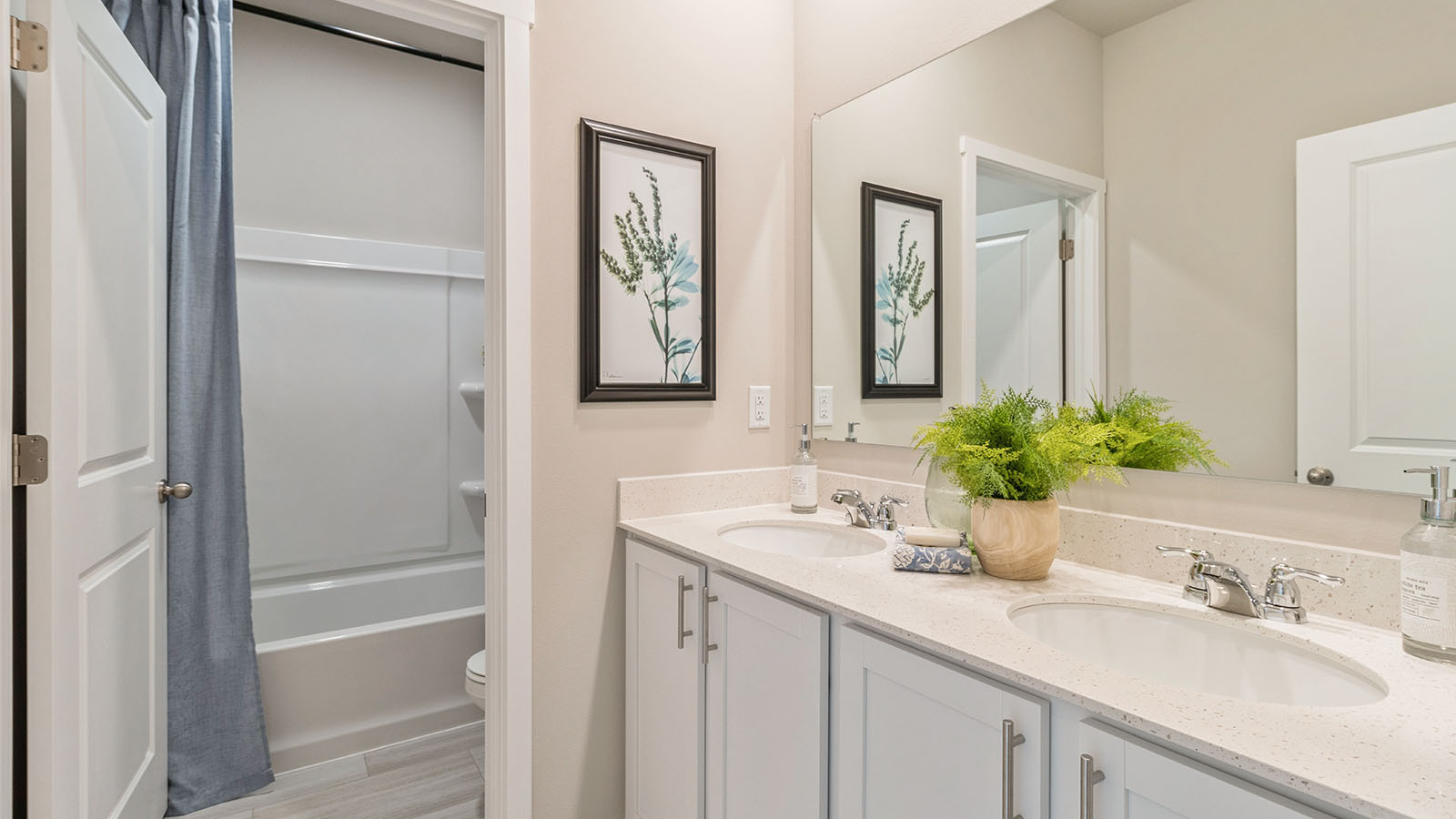 Bathroom with dual sinks and a shower tub.