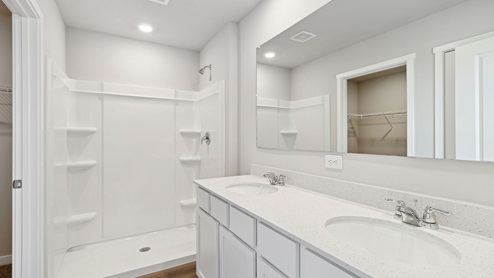 primary bathroom with large mirror and double sinks and shower