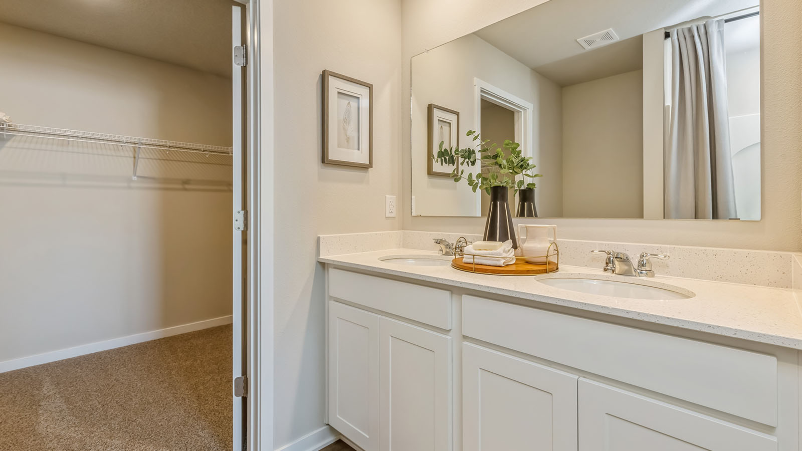 Primary bathroom with large mirror and dual sinks and walk-in closet