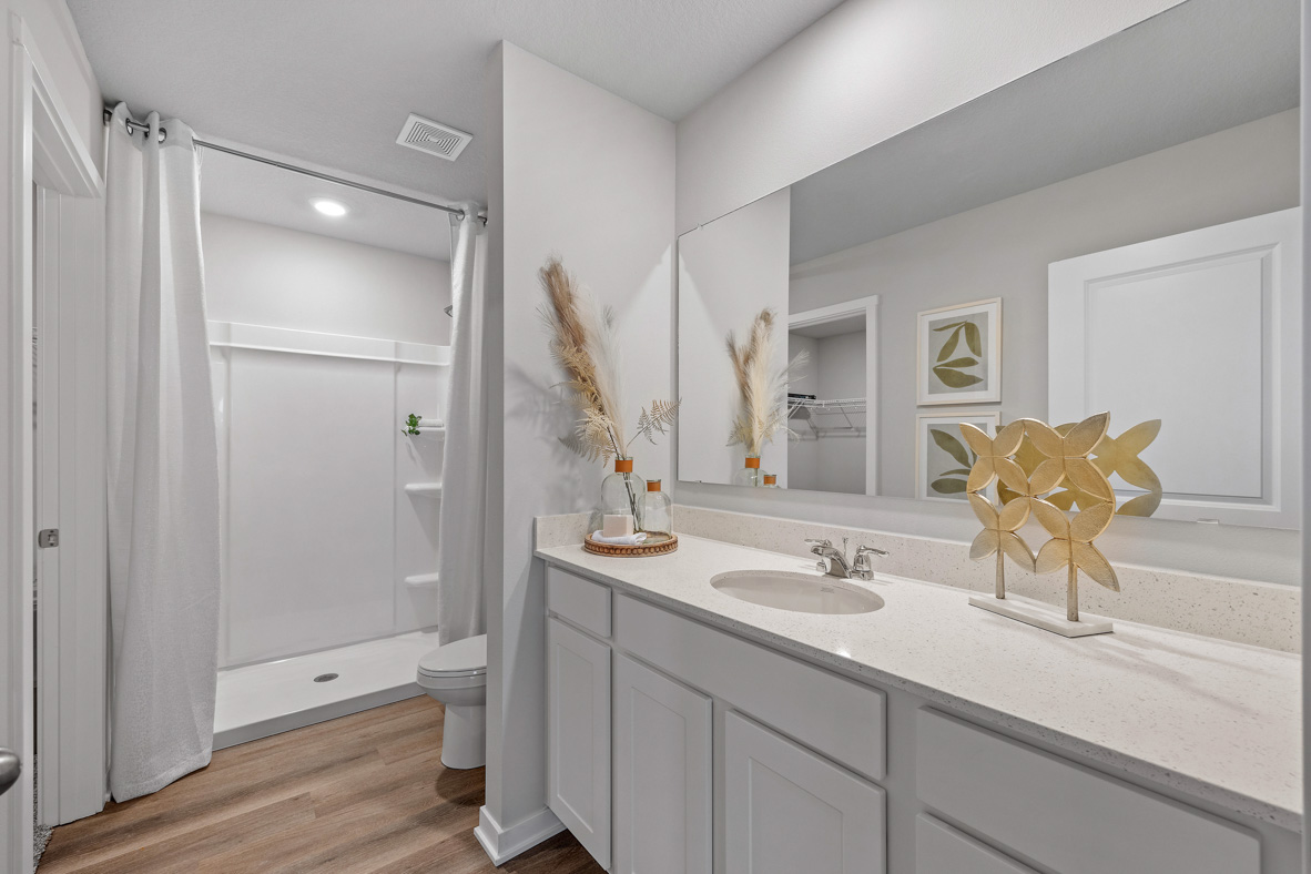 Primary bathroom with white cabinetry