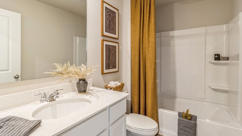 First bathroom with large mirror and bathtub