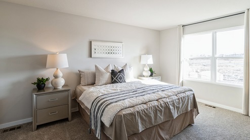 primary bedroom with large neutral bed and large window