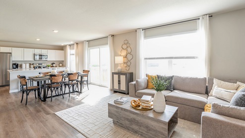 living room overlooking dining area and kitchen