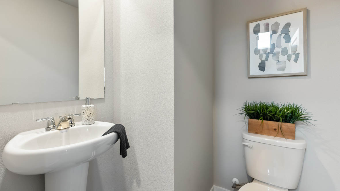 Half powder bath with a white pedestal sink.