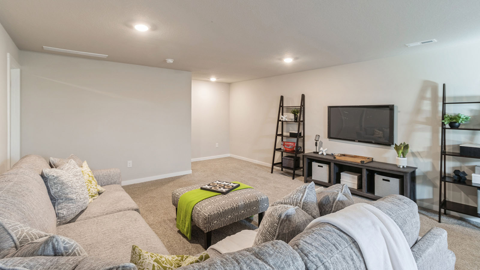 Flex room in basement with space for seating or entertainment and an adjacent guest bath and bedroom