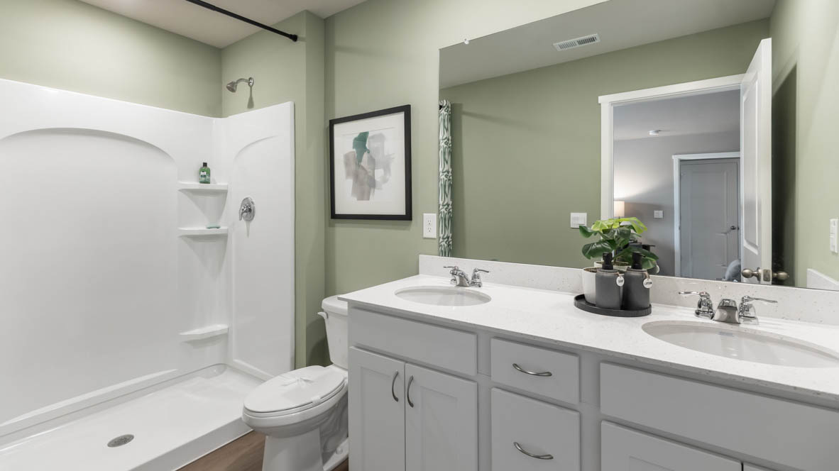 Family bathroom with decorative shower curtain and transom window above the tub in Painted Woods West Townhomes