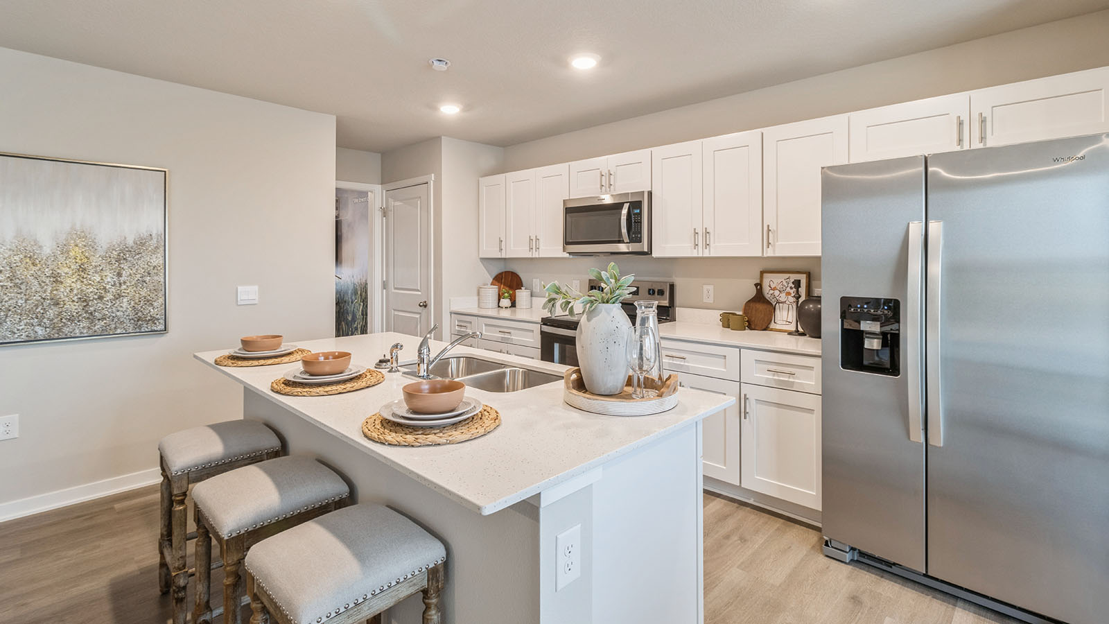 New Home kitchen with island-centric design, pantry, Brand New Appliances, ample cabinet spaces, home connectivity