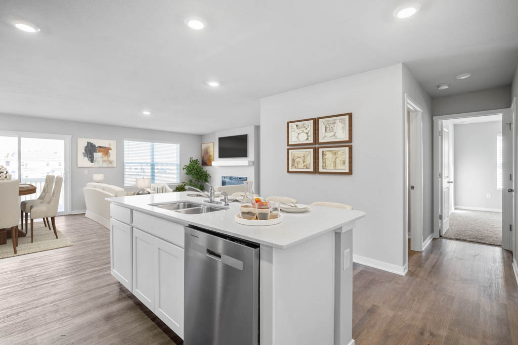 kitchen island overlooking living room