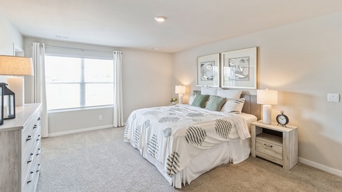 Primary bedroom with carpet and overhead lighting