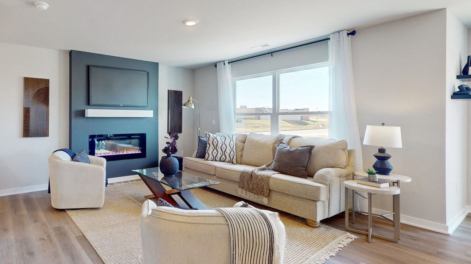 Overview of living room with fireplace