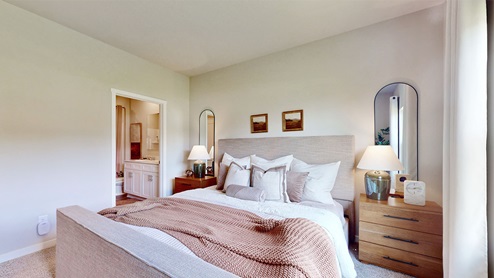 Primary bedroom with two wood nightstands