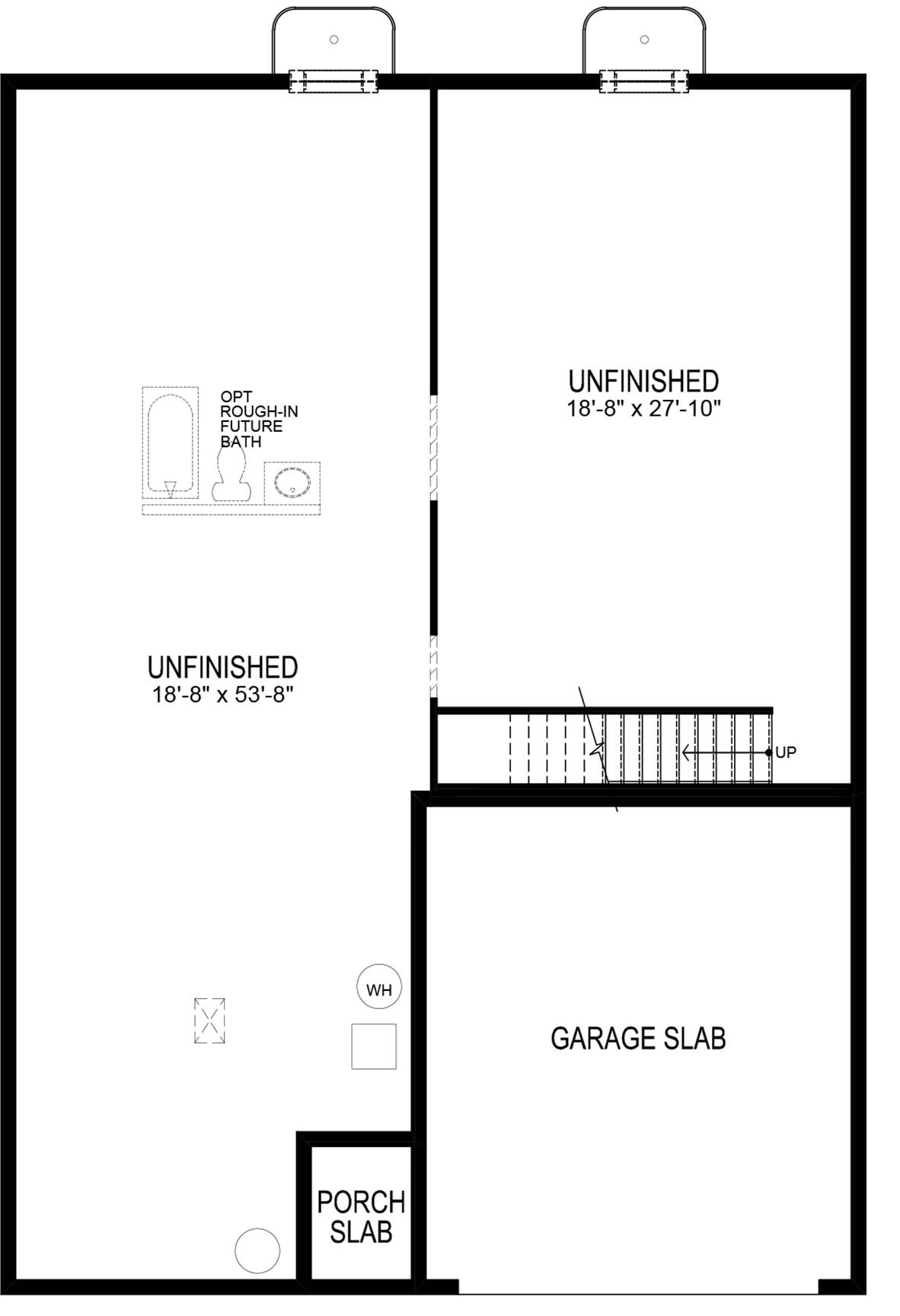 Floorplan image of the unfinished basement option on the Neuville plan.