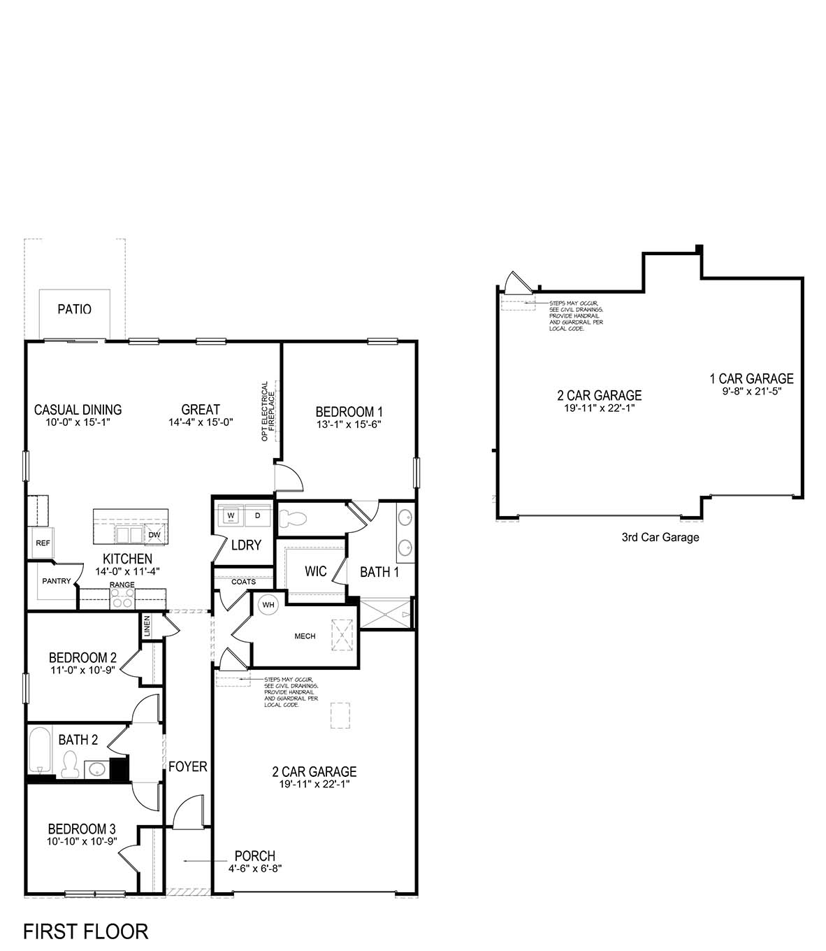 Floorplan image of the 3 bedroom, 2 bathroom Neuville plan in Brody's Landing.
