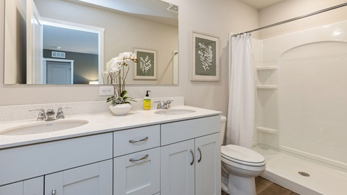 Primary bathroom with dual sinks and shower