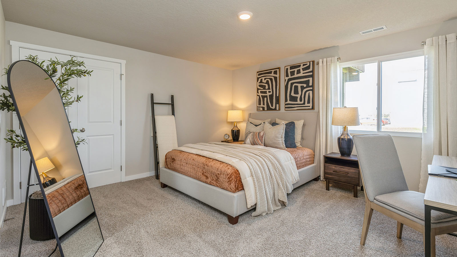 Bedroom with window and double door closet.