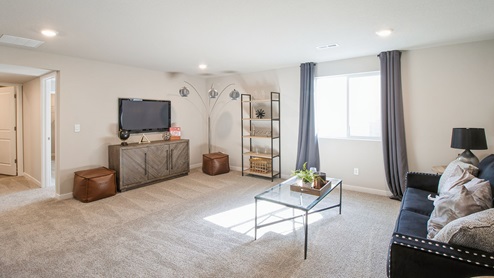 Large finished basement with grey carpet and window