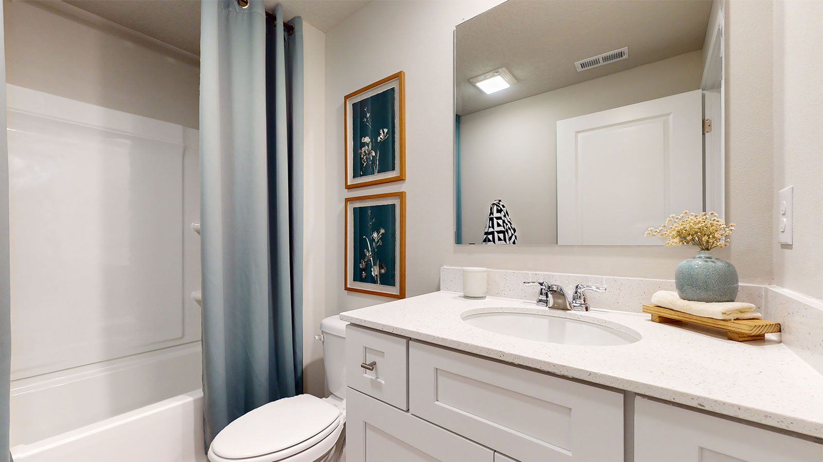 Third bathroom with large mirror and bathtub