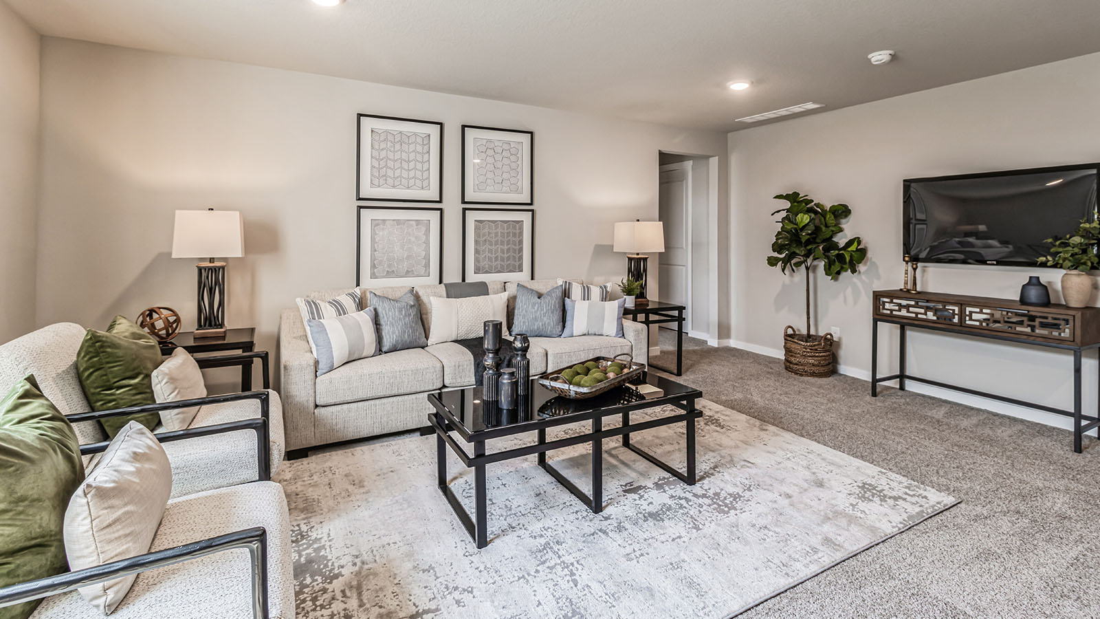 Finished basement showcasing open multi-use area with connectivity Three Lakes By D.R. Horton