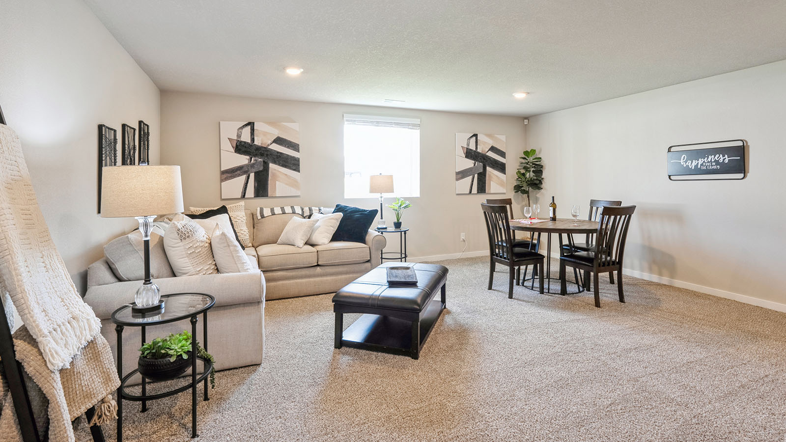 Basement game room with recessed lighting and flexible space for entertainment or relaxation at Highland Meadows