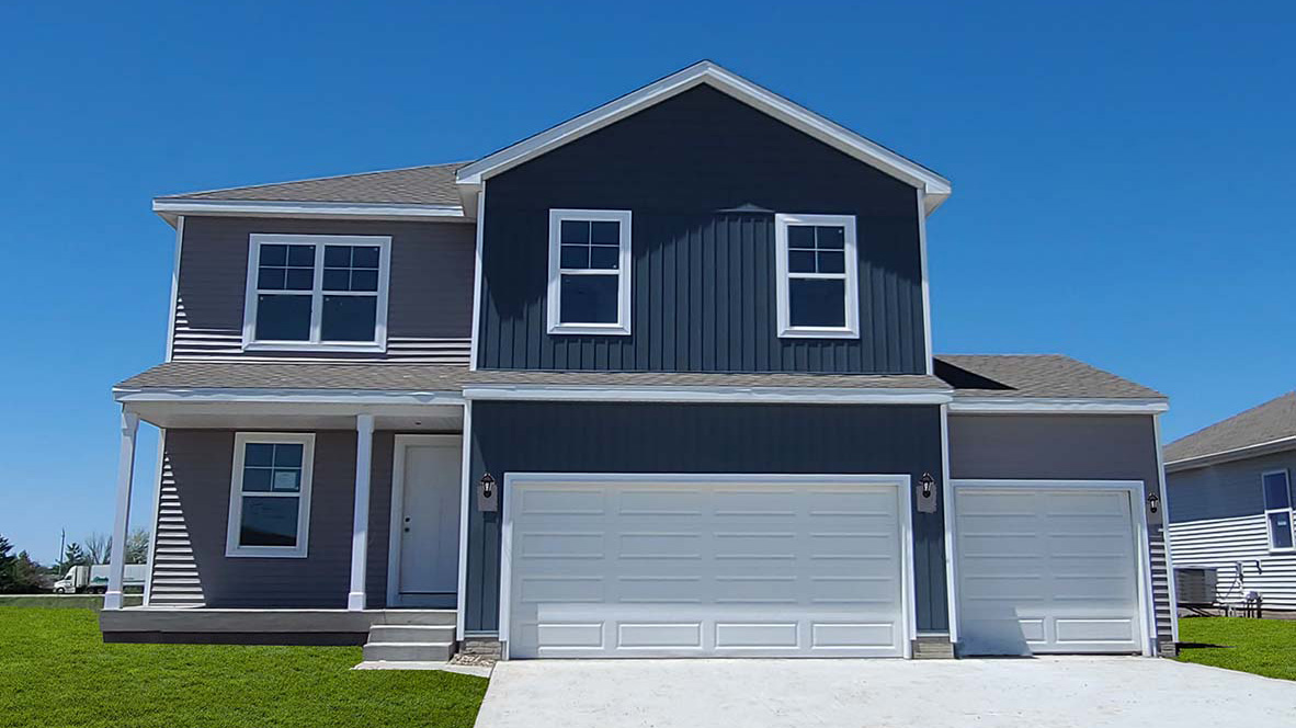Bellhaven Floorplan is a two story home with a gable, a front porch, siding exterior with a three car garage and five windows.