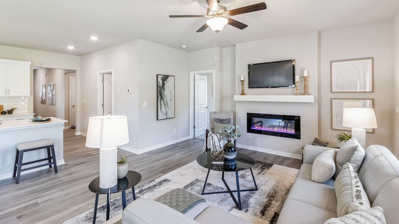 Living room with mounted tv and electric fireplace