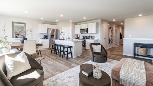Large living room overlooking white kitchen and dining area
