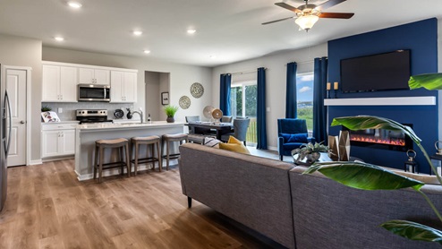 Open concept floor plan highligting living room and kitchen