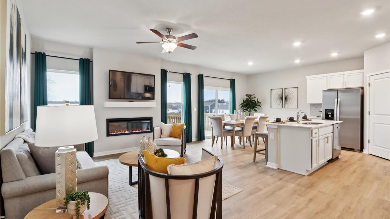 Open concept living room with electric fireplace