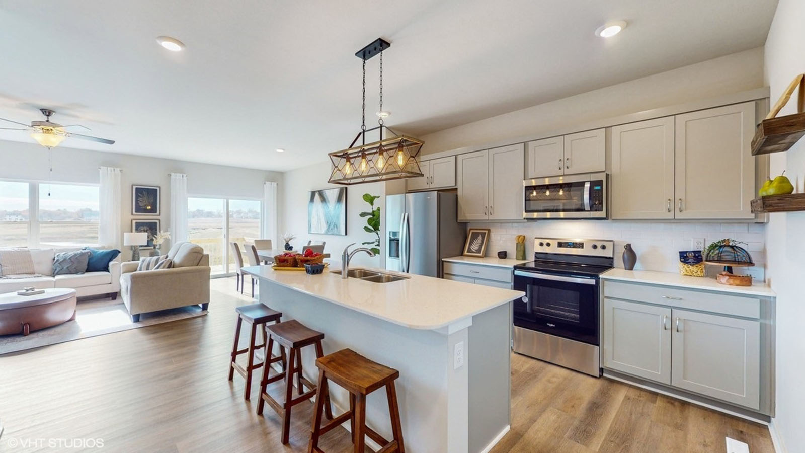 Kitchen overview looking onto the dining room and living room in the roland