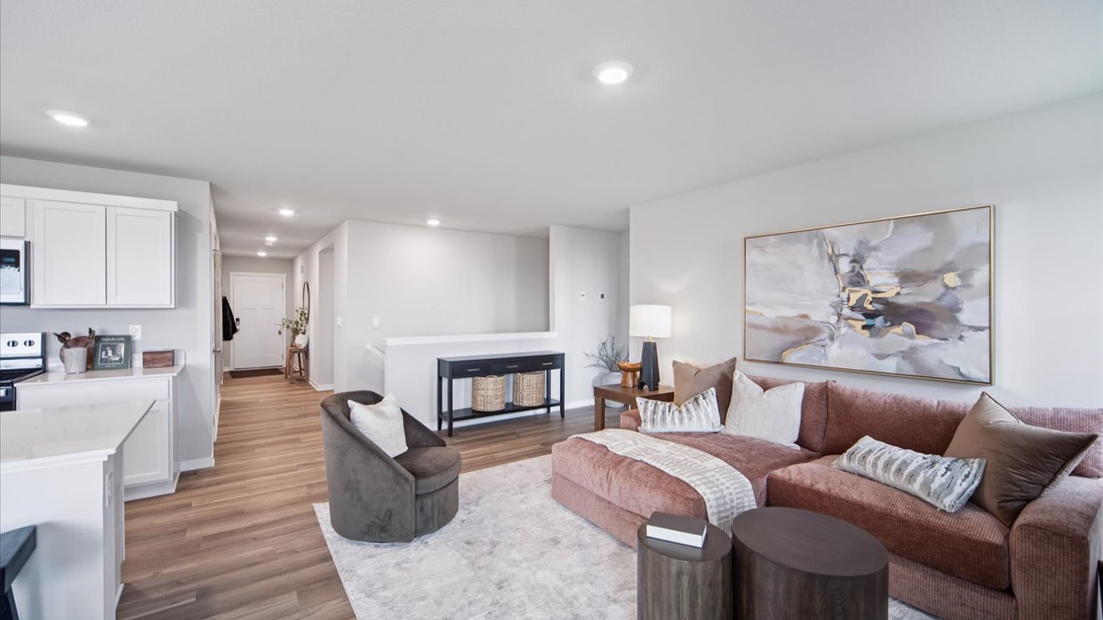 Open concept living room with electric fireplace