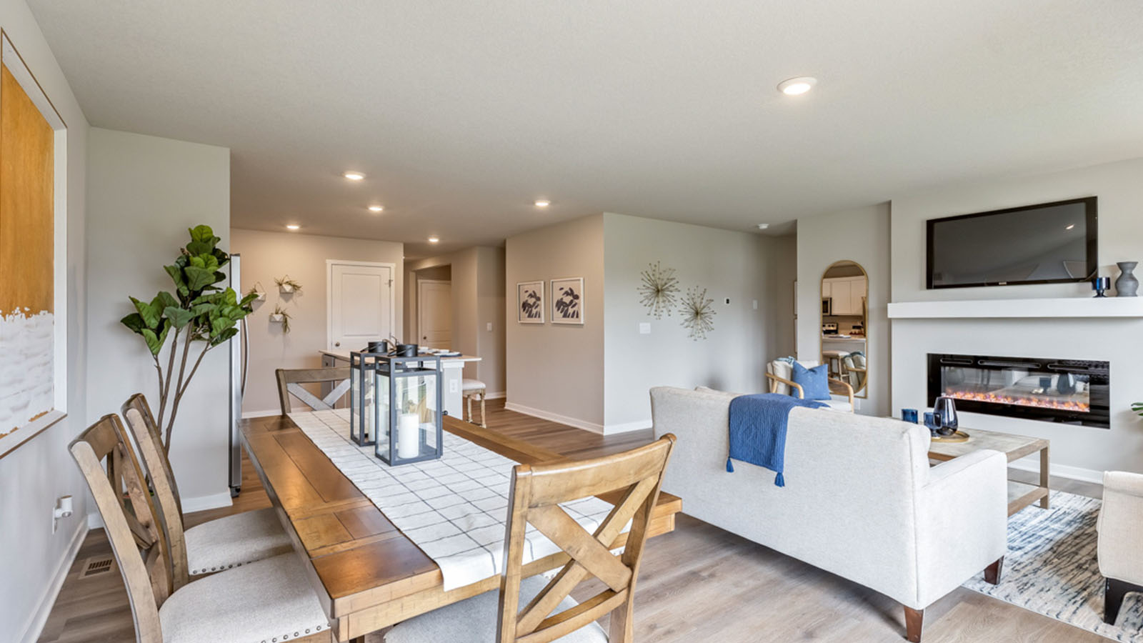 Wood dining room table overlooking the living room