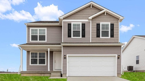 Exterior picture of the Bellhaven with tan siding with a covered porch and two-car garage