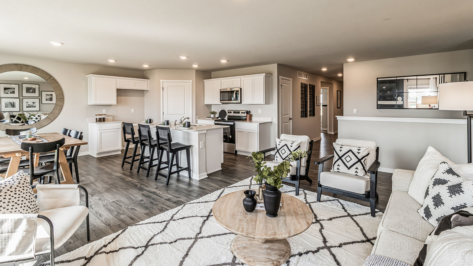 Open concept living room with electric fireplace